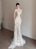 Timeless Wedding Dresses Mermaid Strapless Champagne Sleeveless Lace Brides Dress Style For Brides With Scarf Fitted Bridal Gowns HZ0311