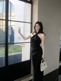 Modest Mermaid Halter Black Long Prom Dresses Wedding Guest Dress 20th Birthday Outfits HZ0311