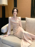 Elegant Mermaid Square Neck Pink Silky Satin Ankle Length Prom Dresses 16th Nigh Party Birthday Outfits HZ0311