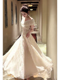 Simple A Line Off The Shoulder White Lace Mid Length Prom Dress Aesthetic Graduation Evening Outfits HZ0311