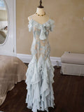 Vintage 1960s Mermaid Spaghetti Straps Light Sky Blue Chiffon Prom Dresses Inspiration Long Party Dress 18th Birthday Outfits HZ0311