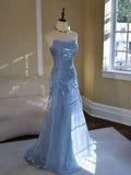 Vintage Mermaid Strapless Blue Long Prom Dresses With Pleated Inspiration Party Night Evening Dress 18th Birthday Outfits HZ0311