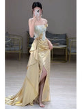 Modest Mermaid Strapless Gold With Slit Long Prom Dress Fashion Aesthetic High School Formal Dresses Party Outfits Prom Gown HZ0311