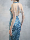 Modest Mermaid V Neck Blue Sequins Prom Dresses Inspiration Long Party Night Evening Dress 20th Birthday Outfits HZ0311