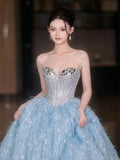 Sparkly Ball Gowns 2026 Strapless Blue With Beaded Cape Prom Dresses Inspiration Long Party Night Evening Gowns 19th Birthday Outfits HZ0311