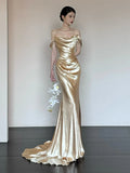 Unique Mermaid Off The Shoulder Gold Long Sleeves Prom Dresses Inspiration Party Night Gowns 20th Birthday Outfits HZ0311