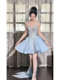 Glitter Ball Gown Sweetheart Blue Sequins Short 16th Birthday Dress Homecoming Dresses Cocktail Gown HZ0311