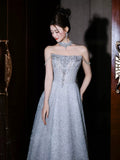 Princess A line Strapless Blue Sequins Prom Dresses Inspiration Long Party Night Gowns 20th Birthday Outfits HZ0311