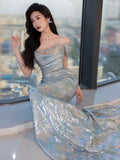 Unique Mermaid Off The Shoulder Blue Prom Dresses Inspiration Long Party Night Gowns 20th Birthday Outfits HZ0311