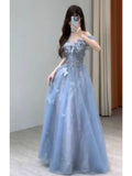 Unique A Line Off The Shoulder Blue Prom Dresses Tulle Inspiration Long Party Night Gowns 20th Birthday Outfits HZ0311