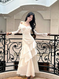 Classy Mermaid Off The Shoulder White With Long Sleeve Floor Length Pleated Prom Dress Graduation 20th Birthday Outfits HZ0311