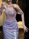 Elegant Mermaid Off The Shoulder Lilac Sequins Prom Dresses Inspiration Long Party Evening Dress 19th Birthday Outfits HZ0311