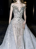 Luxurious Wedding Dresses Mermaid Scoop Neck With Cape Silver Gray Sequins Brides Dress For Brides Fitted Bridal Gowns HZ0311