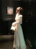 Modest A line Off The Shoulder Lace White Long Sleeves Prom Dresses Wedding Guest Dress Birthday Outfits HZ0311