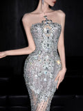 Luxurious Wedding Dresses Mermaid Scoop Neck With Beads Gem Silver Gray Sequins Brides Dress For Brides Fitted Bridal Gown HZ0311