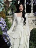 Modest Mermaid Square Neck Ivory Satin Long Sleeves Prom Dresses Wedding Guest Dress 16th Birthday Outfits HZ0311