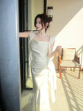 Elegant Mermaid Square Neck White Silky Satin Ankle Length Prom Dresses 16th Nigh Party Birthday Outfits HZ0311