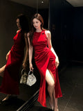 Elegant Sheath Scoop Red Satin Slit Ankle Length Prom Dresses 17th Nigh Party Birthday Outfits HZ0311