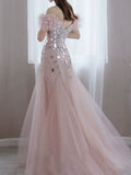 Elegant Mermaid Off The Shoulder Pink Tulle Prom Dresses Inspiration Long Party Evening Dress 19th Birthday Outfits HZ0311