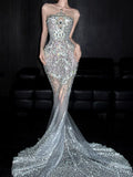 Luxurious Wedding Dresses Mermaid Scoop Neck With Beads Gem Silver Gray Sequins Brides Dress For Brides Fitted Bridal Gown HZ0311