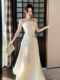 Elegant A line Spaghetti Straps Ivory With Pleated Sleeveless Long Prom Dresses 16th Nigh Party Birthday Outfits HZ0311