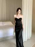 Elegant Mermaid Sweetheart Black Satin Sleeveless Long Prom Dresses 18th Birthday Outfits HZ0311
