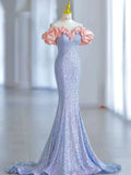 Elegant Mermaid Off The Shoulder Blue Sequins Prom Dresses Inspiration Long Party Evening Dress 19th Birthday Outfits HZ0311