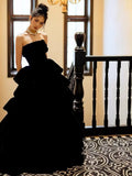 Princess Ball Gown Strapless Black Velvet With Gloves Prom Dresses Inspiration Long Party Night Gowns 18th Birthday Outfits HZ0311