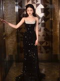 Glamour Mermaid Spaghetti Straps Burgundy Sequin Long Prom Dresses Party Dress 20th Birthday Outfits Prom Gowns HZ0311