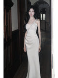 Classy Mermaid One Shoulder White With Beaded Satin Ankle Length Pleated Prom Dress Aesthetic Graduation Birthday Outfits HZ0311