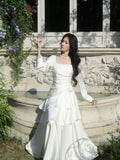 Modest Mermaid Square Neck Ivory Satin Long Sleeves Prom Dresses Wedding Guest Dress 16th Birthday Outfits HZ0311