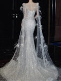 Luxurious Wedding Dresses Mermaid Scoop Neck Long Sleeves Silver Sequins Brides Dress Style For Brides Fitted Bridal Gowns HZ0311