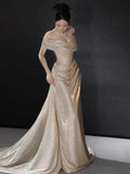 Sexy Mermaid Off The Shoulder Champagne Long Sequins Prom Dresses Party Dress 16th Birthday Outfits Graduation Dress HZ0311