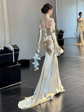 Unique Mermaid Off The Shoulder Gold Long Sleeves Prom Dresses Inspiration Party Night Gowns 20th Birthday Outfits HZ0311