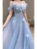 Unique A Line Off The Shoulder Blue Prom Dresses Tulle Inspiration Long Party Night Gowns 20th Birthday Outfits HZ0311