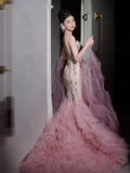 Luxury Mermaid Strapless Pink Tulle With Tiered Train Prom Dresses Inspiration Long Party Night Gowns 20th Birthday Outfits HZ0311