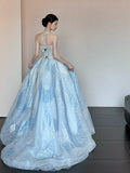 Unique Ball Gown Strapless Blue Prom Dresses Inspiration Long Party Night Gowns 20th Birthday Outfits HZ0311