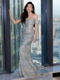 Unique Mermaid Off The Shoulder Blue Prom Dresses Inspiration Long Party Night Gowns 20th Birthday Outfits HZ0311