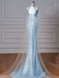 Modest Mermaid High Neck Blue Sequins Prom Dresses Inspiration Long Party Night Evening Dress 19th Birthday Outfits HZ0311