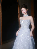 Princess A line Strapless Blue Sequins Prom Dresses Inspiration Long Party Night Gowns 20th Birthday Outfits HZ0311