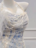 Modest Mermaid Off The Shoulder Tulle Blue With Pearls Prom Dresses Inspiration Long Party Evening Dress 21st Birthday Outfits HZ0311