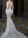 Modest Mermaid Scoop Neck Sequins With Beaded Silver Prom Dresses Inspiration Long Party Night Evening Dress 19th Birthday Outfits HZ0311