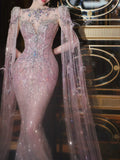 Luxurious Wedding Dresses Mermaid Scoop Neck Long Sleeves Pink With Cape Sequins Brides Dress For Brides Fitted Bridal Gowns HZ0311