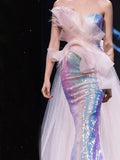 Modest Mermaid Strapless Lilac Sequins Prom Dresses Inspiration Long Party Evening Dress 19th Birthday Outfits HZ0311
