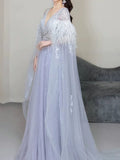 Elegant A Line V Neck Light Sky Blue Tulle Prom Dresses Inspiration Long Party Evening Dress 19th Birthday Outfits HZ0311