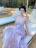 Elegant Sheath Lilac Strapless Tiered Layered Chiffon Sleeveless Long Prom Dresses 18th Birthday Outfits HZ0311