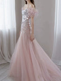 Elegant Mermaid Off The Shoulder Pink Tulle Prom Dresses Inspiration Long Party Evening Dress 19th Birthday Outfits HZ0311