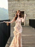 Elegant Mermaid Spaghetti Strap Pink Chiffon Rose Sequin Long Layered Prom Dress Aesthetic Graduation Evening Outfits HZ0311