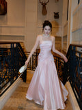 Elegant Mermaid Spaghetti Strap Pink Satin Long Pleated Prom Dress Aesthetic Long Graduation Birthday Holiday Outfits HZ0311