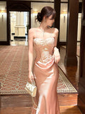 Modest Mermaid Spaghetti Straps Pink Ruffles Long Prom Dresses Wedding Guest Dress 20th Birthday Outfits HZ0311